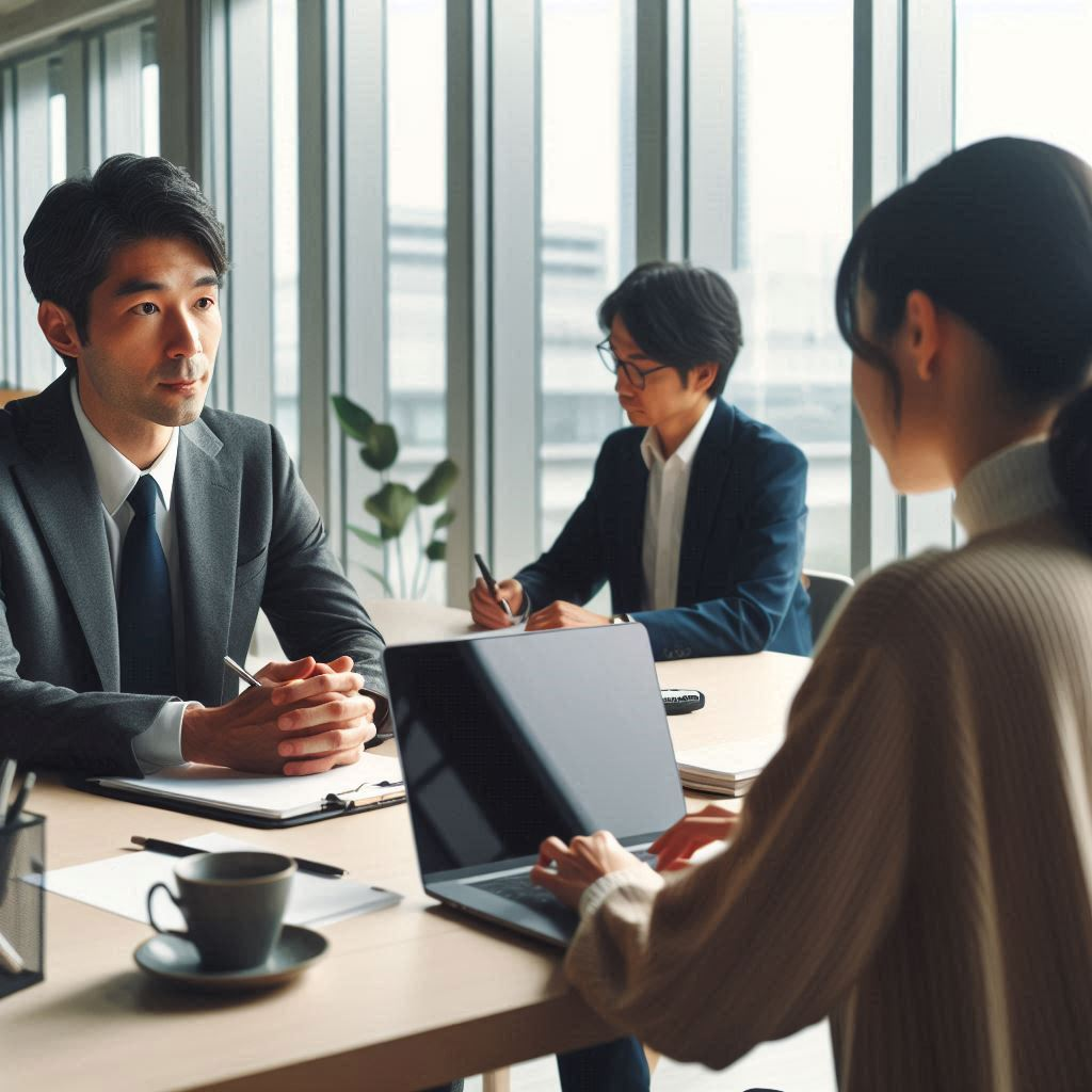 男性に女性がインタビューしている。やり取りを文字起こししている人が1人いる。